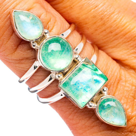 Green moonstone in teardrop and oval bezels sterling silver ring, side view