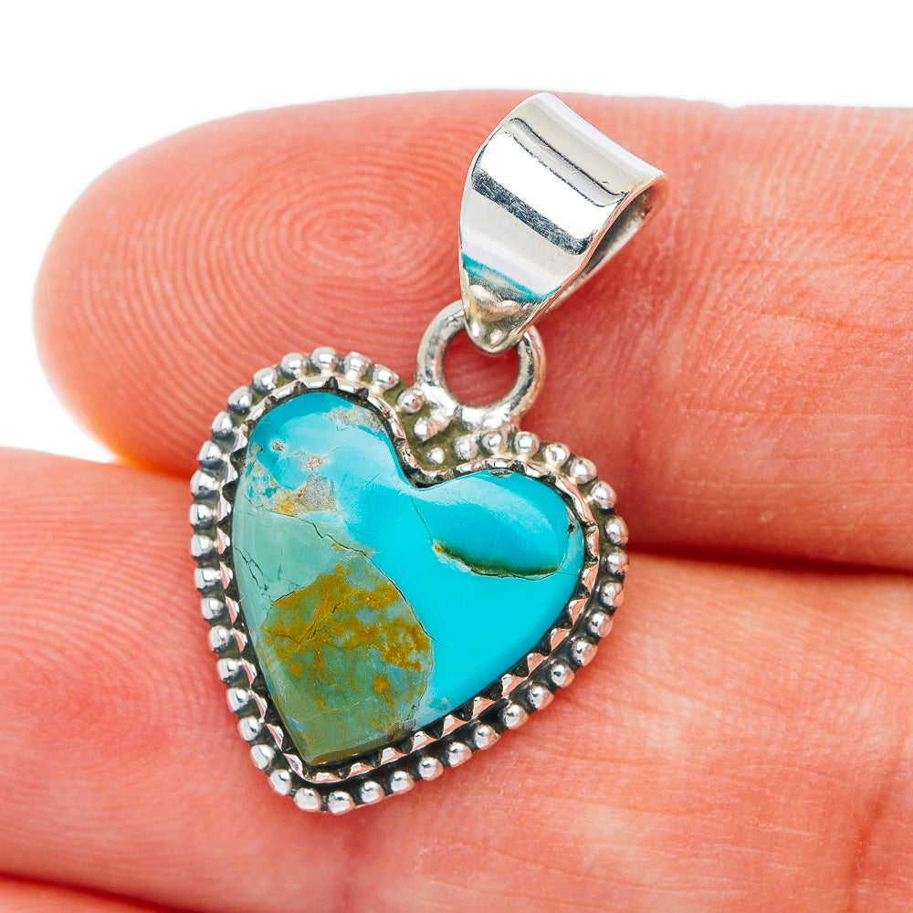 Exclusive Southwestern Style Kingman Turquoise Heart Pendant 1 1/8" (.925 Sterling Silver)