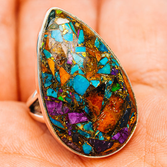 Turquoise and purple mosaic teardrop ring with .925 sterling silver band