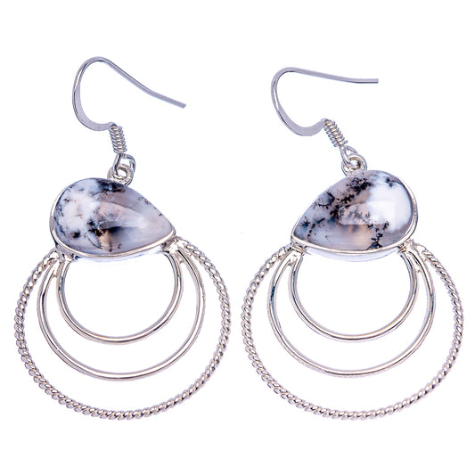 Pair of sterling silver dendritic agate earrings with oval cabochons and spiral hoop frames
