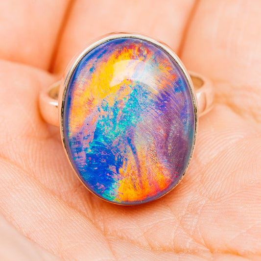Oval opal-like gemstone statement ring, .925 sterling silver band, size 9