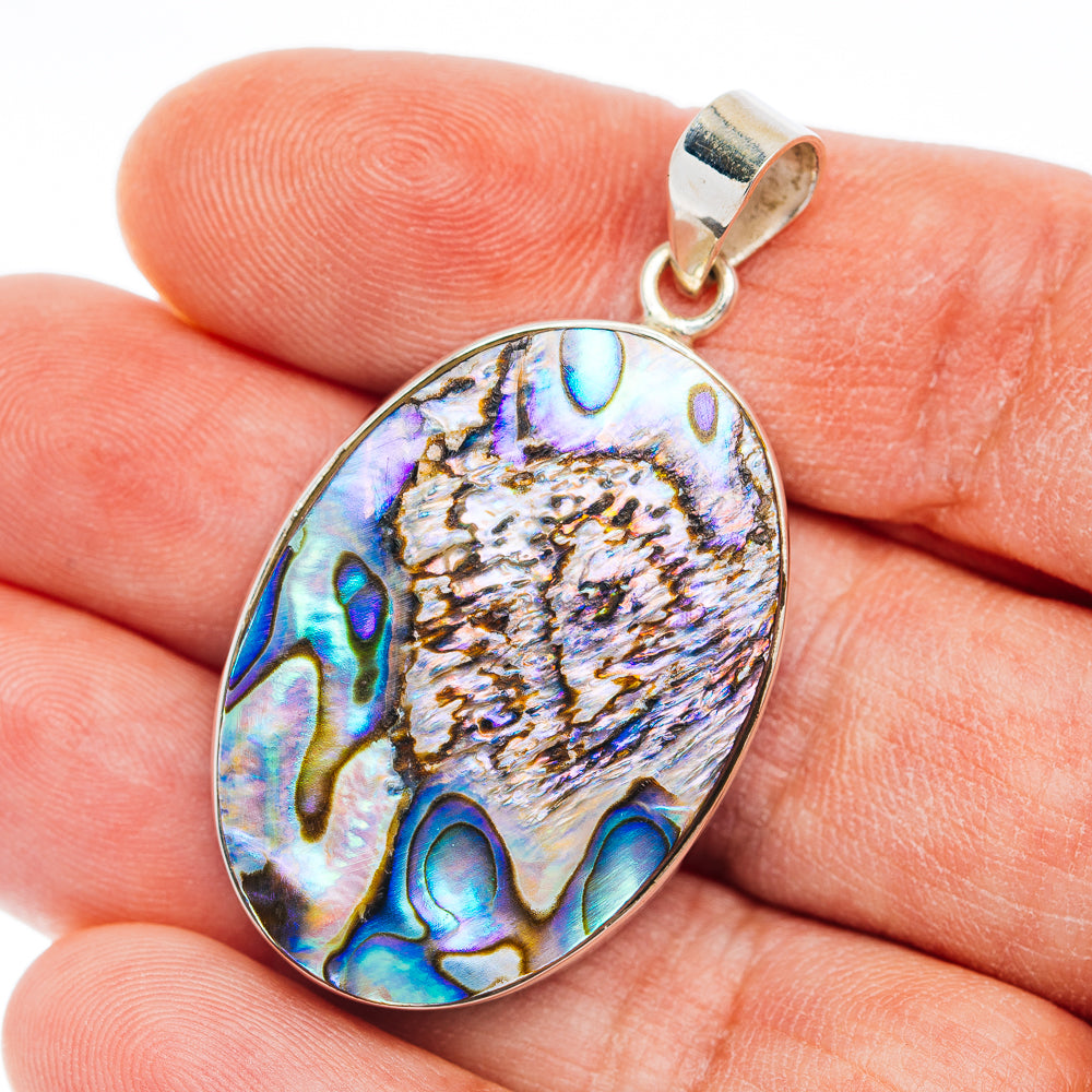 Oval abalone shell pendant in 925 sterling silver, iridescent blue and purple