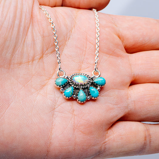 Southwestern Style Aurora Opal, Mohave Turquoise Necklace 17 to 19" (.925 Sterling Silver)