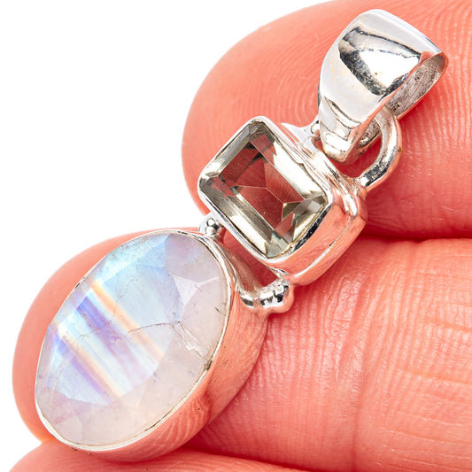 Sterling silver rainbow moonstone pendant with faceted square stone bezel, close-up
