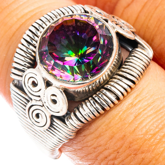 Sterling silver ring with round multicolor gemstone and ornate cuff band