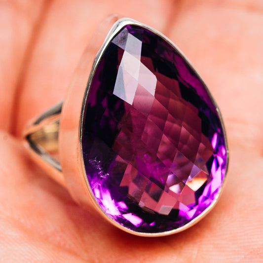 Large faceted amethyst teardrop ring with .925 sterling silver band
