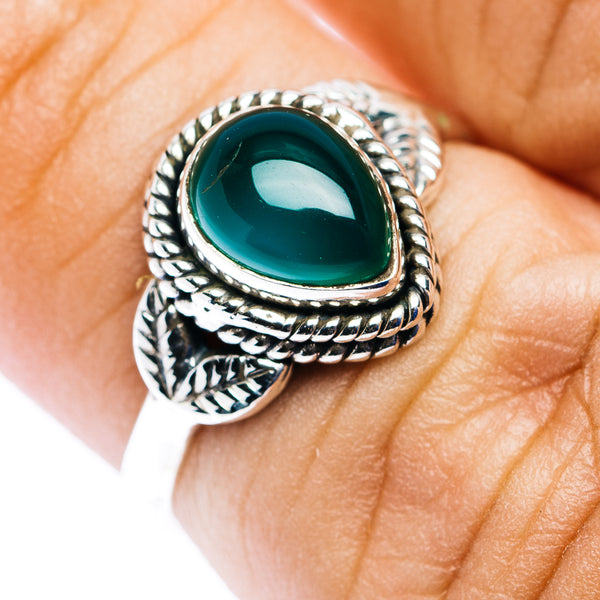 Sterling silver dainty ring with oval green onyx cabochon, size 6.25