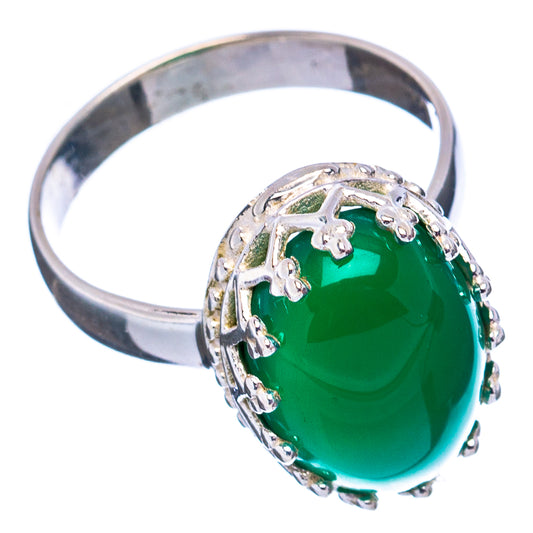Oval green onyx cabochon ring in polished .925 silver with decorative side scrollwork