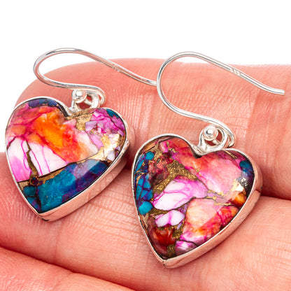 Kingman Pink Dahlia Turquoise Heart Earrings 1 1/8" (925 Sterling Silver) E1114