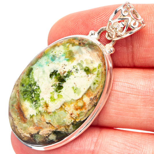 Oval chrome chalcedony pendant, 925 sterling silver, ornate filigree bail