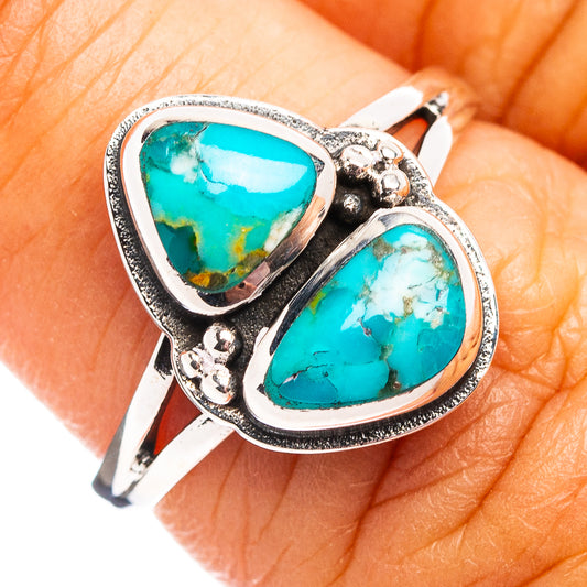 Turquoise double-stone ring in .925 sterling silver, teardrop settings with ornate sides