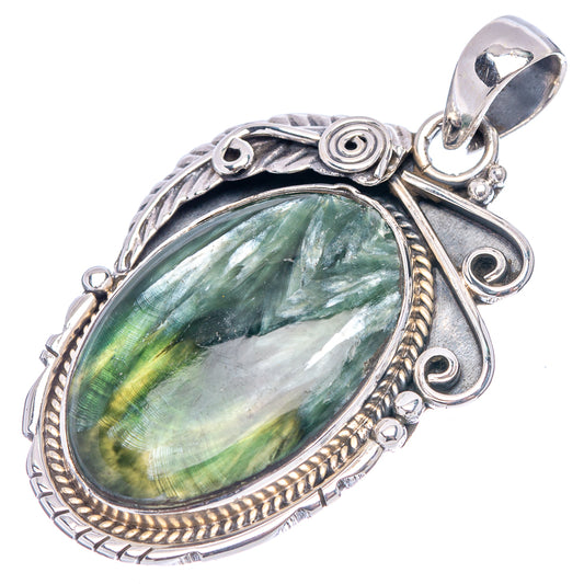 Oval seraphinite pendant with braided bezel and ornate .925 sterling silver bail
