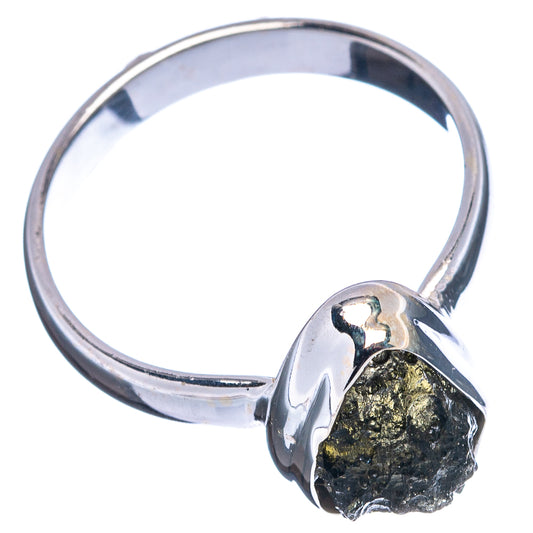Sterling silver moldavite ring with dark rough green stone, size 8.75