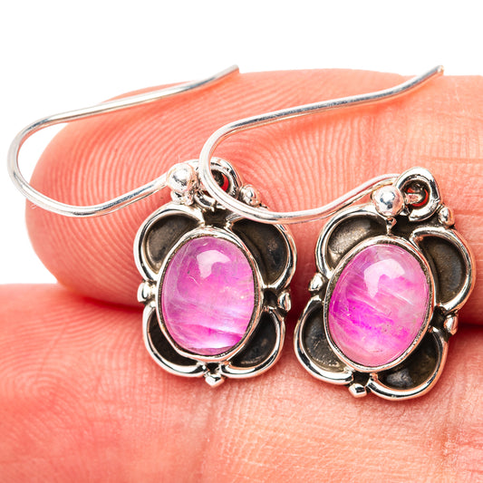 Oval pink moonstone drop earrings, .925 sterling silver with ornate petal-like frame