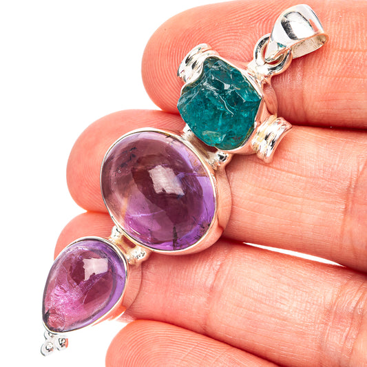 .925 sterling silver pendant with purple amethyst and green blue fluorite gemstones