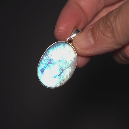 Large AAA Rainbow Moonstone Pendant 1 5/8" (.925 Sterling Silver)