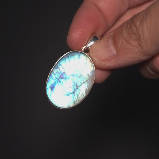 Large AAA Rainbow Moonstone Pendant 1 5/8" (.925 Sterling Silver)