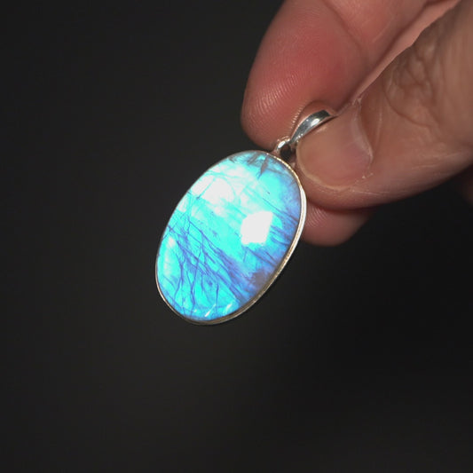 Large AAA Rainbow Moonstone Pendant 1 5/8" (.925 Sterling Silver)