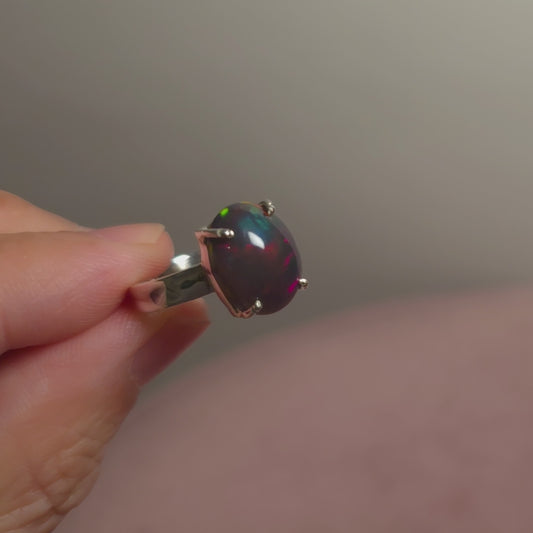 2.4ct Premium Black Ethiopian Opal Ring Size 6.5 Adjustable (.925 Sterling Silver)
