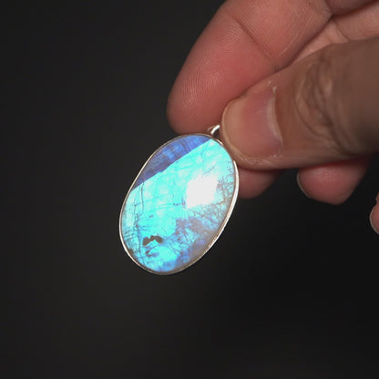 Large AAA Rainbow Moonstone Pendant 1 5/8" (.925 Sterling Silver)