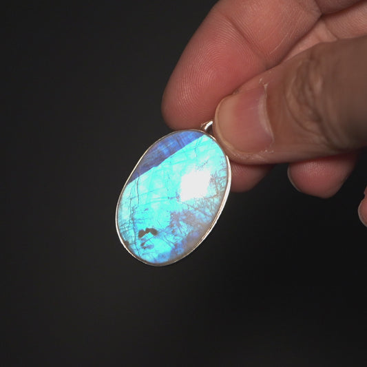 Large AAA Rainbow Moonstone Pendant 1 5/8" (.925 Sterling Silver)