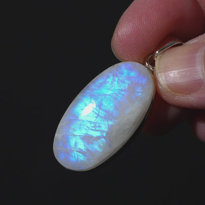 Large AAA Rainbow Moonstone Pendant 1 5/8" (.925 Sterling Silver)