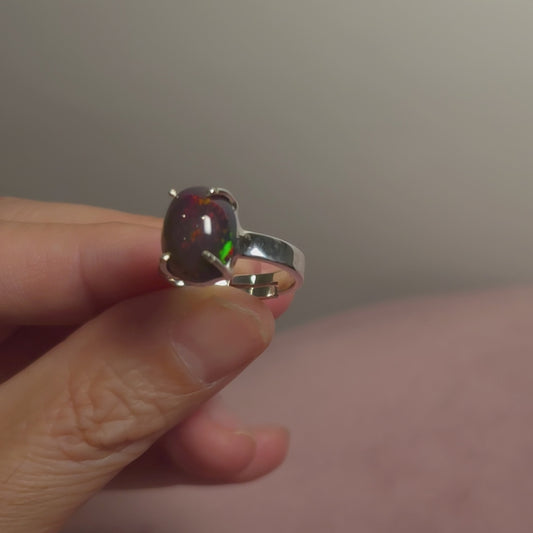2.7ct Premium Black Ethiopian Opal Ring Size 7.75 Adjustable (.925 Sterling Silver)
