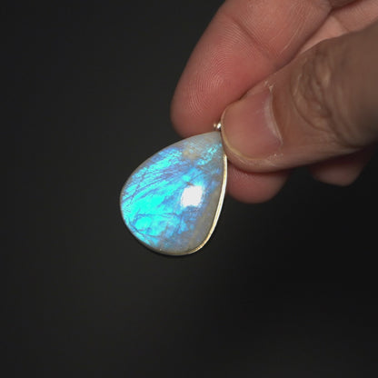 Large AAA Rainbow Moonstone Pendant 1 1/2" (.925 Sterling Silver)