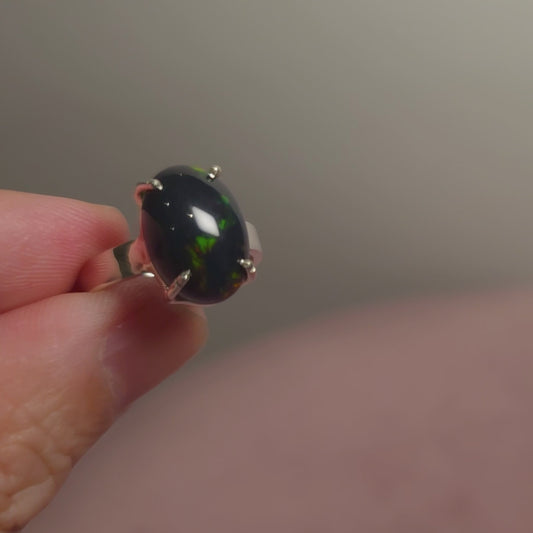 2.35ct Premium Black Ethiopian Opal Ring Size 6.5 Adjustable (.925 Sterling Silver)