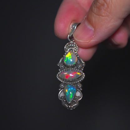 Southwestern Style 3-Gem Ethiopian Opal Pendant 2 1/8" (.925 Sterling Silver)