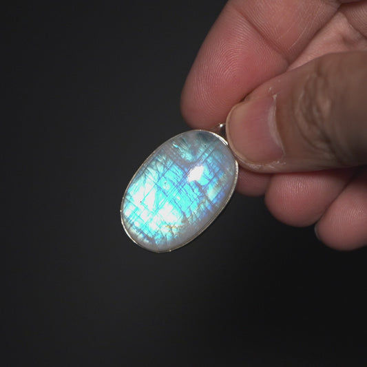 Large AAA Rainbow Moonstone Pendant 1 1/2" (.925 Sterling Silver)
