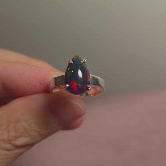 1.35ct Premium "Honey Comb" Black Ethiopian Opal Ring Size 7.5 Adjustable (.925 Sterling Silver)
