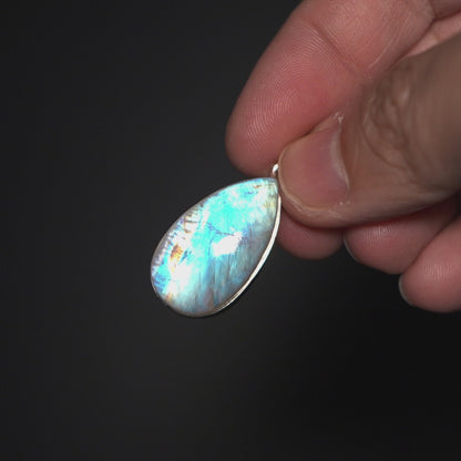 Large AAA Rainbow Moonstone Pendant 1 1/2" (.925 Sterling Silver)