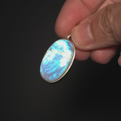 Large AAA Rainbow Moonstone Pendant 1 1/2" (.925 Sterling Silver)