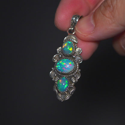 Southwestern Style 3-Gem Ethiopian Opal Pendant 2" (.925 Sterling Silver)