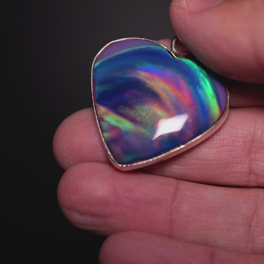 Aurora Opal Heart Pendant 1 1/2" (.925 Sterling Silver)