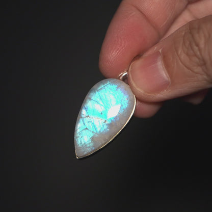 Large AAA Rainbow Moonstone Pendant 1 5/8" (.925 Sterling Silver)