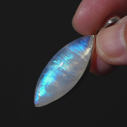 Large AAA Rainbow Moonstone Pendant 1 7/8" (.925 Sterling Silver)