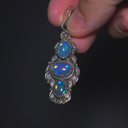 Southwestern Style 3-Gem Ethiopian Opal Pendant 2 1/8" (.925 Sterling Silver)