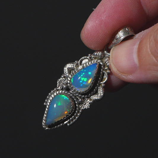 Large Southwestern Style Ethiopian Opal Pendant 1 7/8" (.925 Sterling Silver)