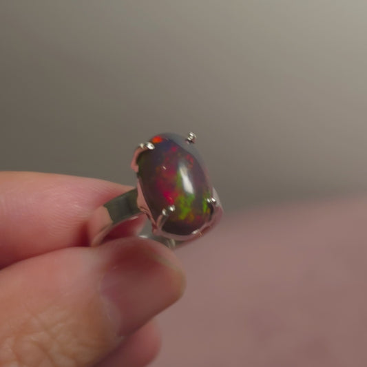 2.65ct Premium Black Ethiopian Opal Ring Size 6.75 Adjustable (.925 Sterling Silver)