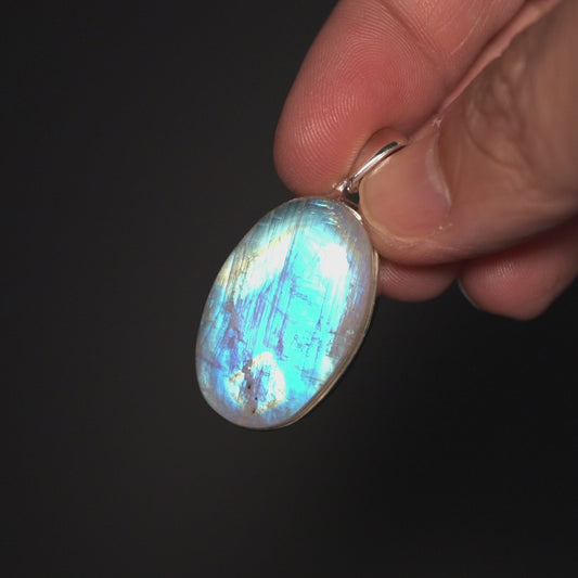 Large AAA Rainbow Moonstone Pendant 1 5/8" (.925 Sterling Silver)