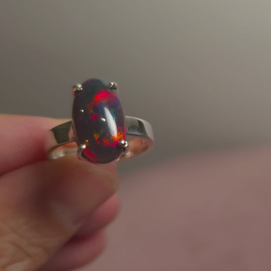 2.6ct Premium Black Ethiopian Opal Ring Size 7.75 Adjustable (.925 Sterling Silver)