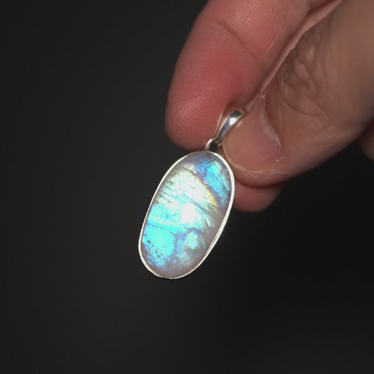 Large AAA Rainbow Moonstone Pendant 1 1/2" (.925 Sterling Silver)
