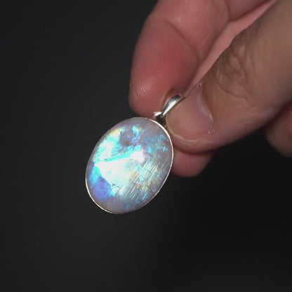 Large AAA Rainbow Moonstone Pendant 1 3/8" (.925 Sterling Silver)