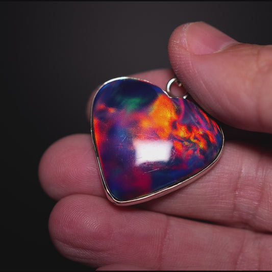 Aurora Opal Heart Pendant 1 3/8" (.925 Sterling Silver)