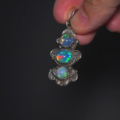 Southwestern Style 3-Gem Ethiopian Opal Pendant 1 7/8" (.925 Sterling Silver)
