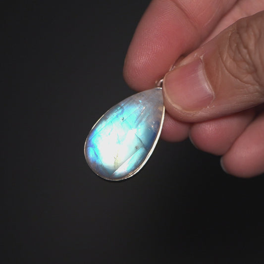 Large AAA Rainbow Moonstone Pendant 1 5/8" (.925 Sterling Silver)