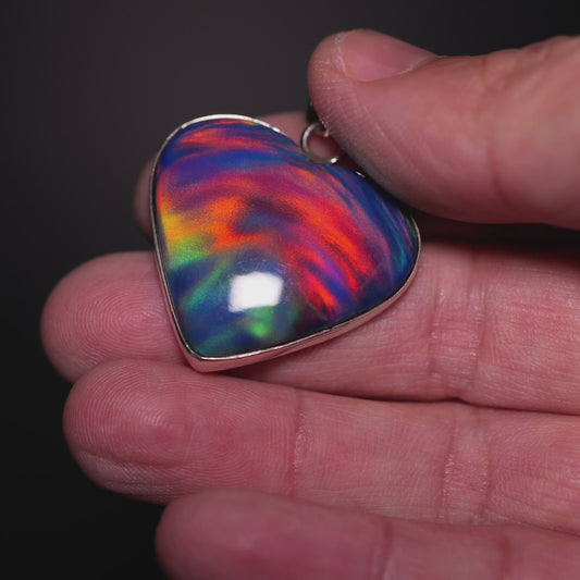Aurora Opal Heart Pendant 1 1/2" (.925 Sterling Silver)