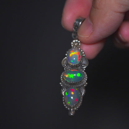 Southwestern Style 3-Gem Ethiopian Opal Pendant 2 1/4" (.925 Sterling Silver)